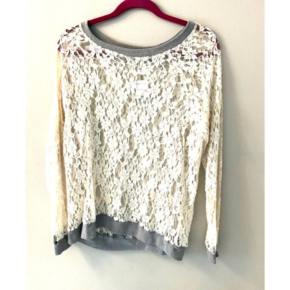 Forever 21 Blouse Women's Size L Cream Sheer Lace Long Sleeve Crew Neck Pullover - Picture 1 of 5